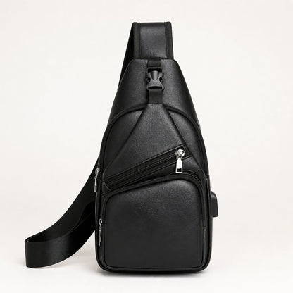 Black Pu leather chest sling bag complete front view