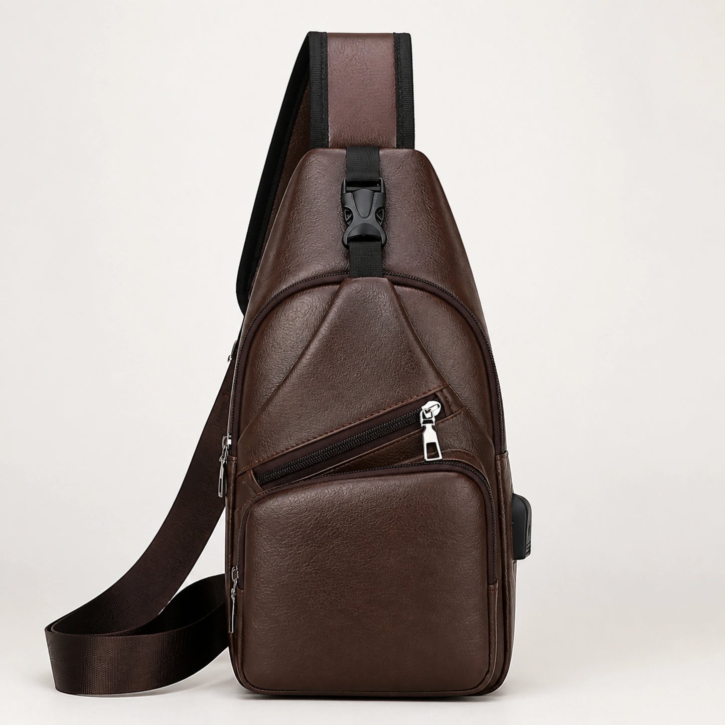 Deep Brown Pu leather chest sling bag complete front view — view 2