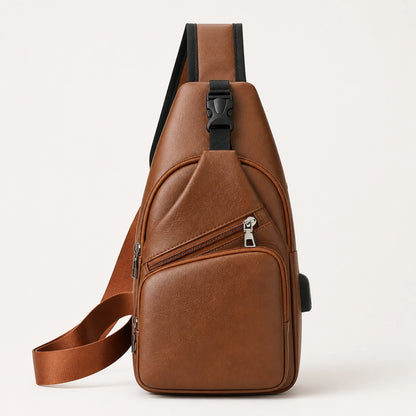 Light Brown Pu leather chest sling bag complete front view — view 3