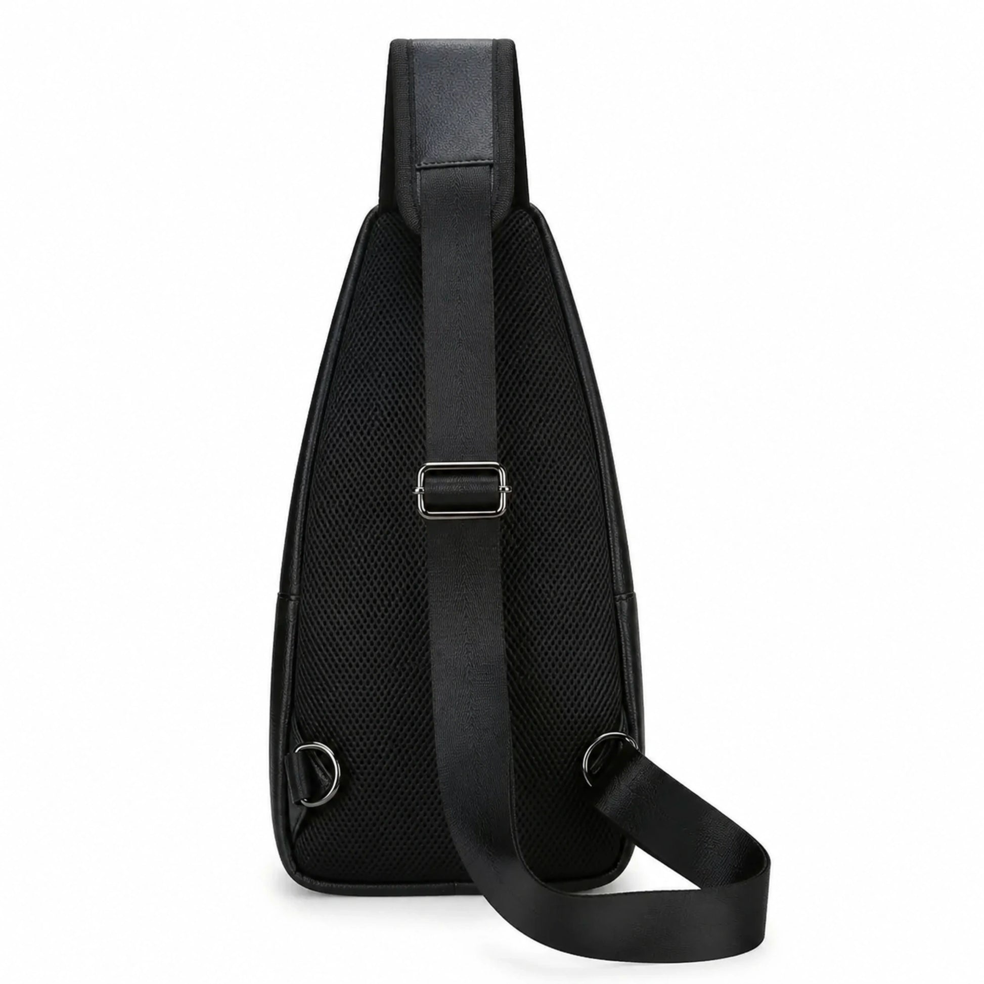 Black Pu leather chest sling bag true rear view — view 4