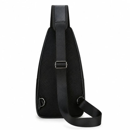 Black Pu leather chest sling bag true rear view — view 4