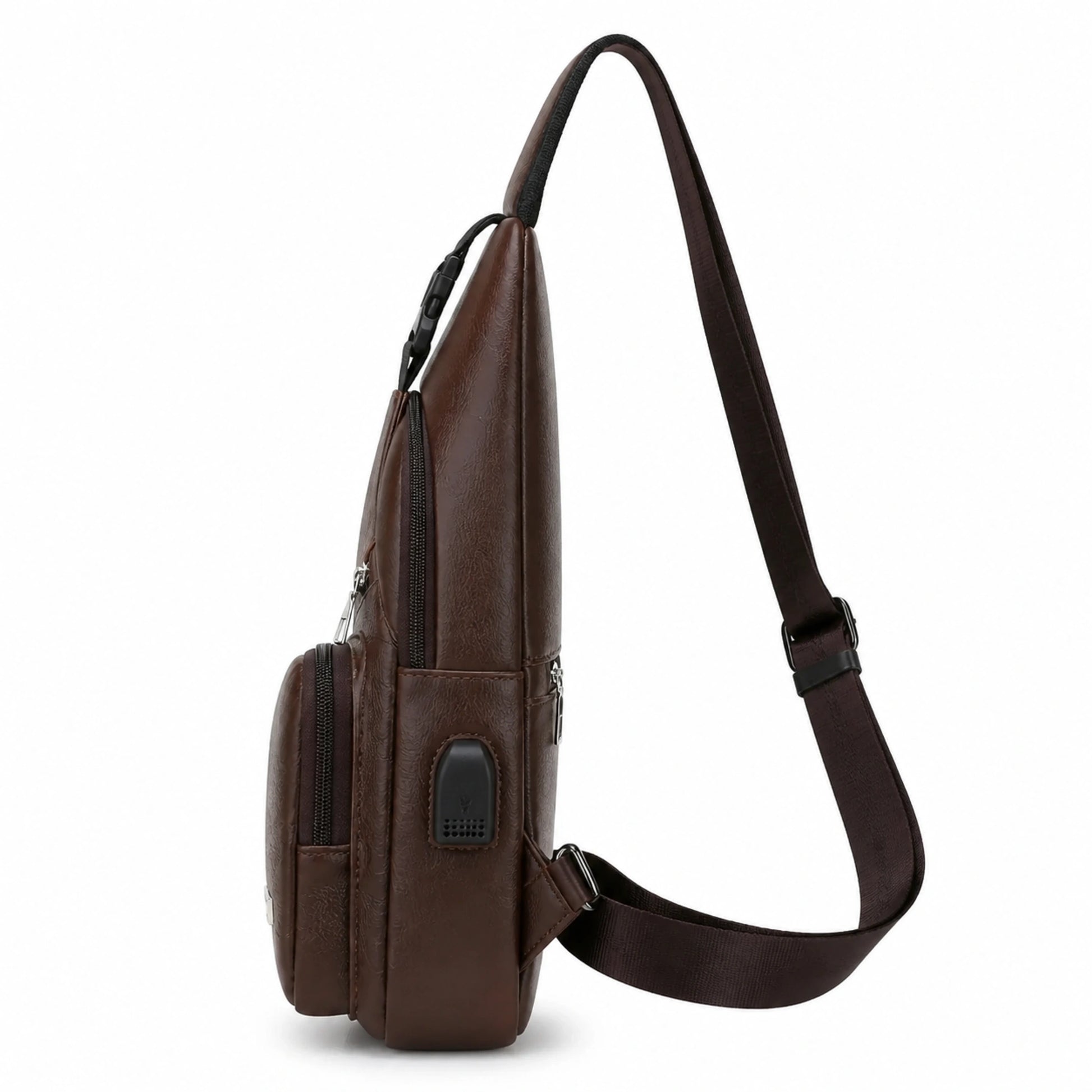 Deep Brown Pu leather chest sling bag true side profile — view 5
