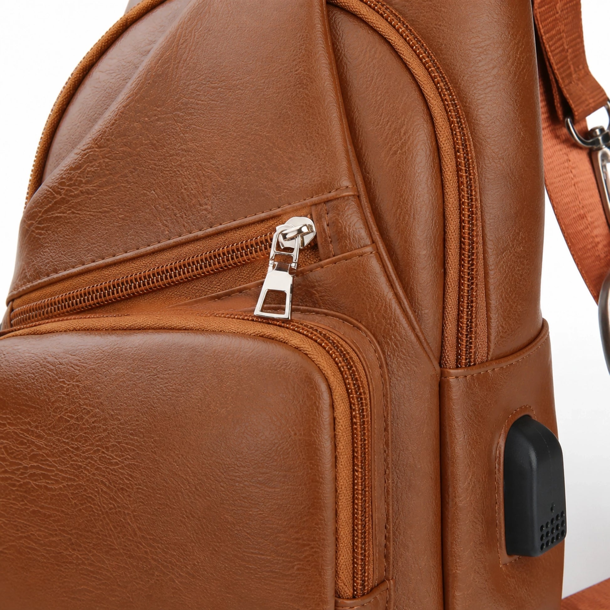 Light Brown Pu leather chest sling bag zipper and charging port detail — view 6