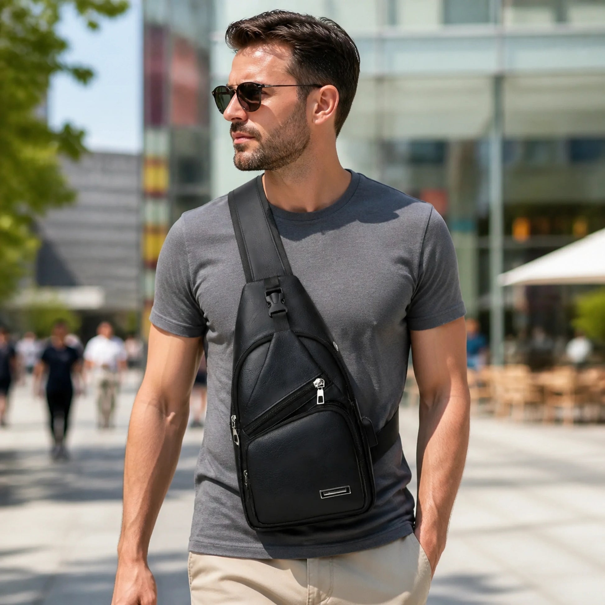 Adult man wearing Black Pu leather chest sling bag — view 7