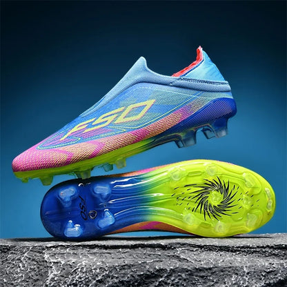 Colorful high top soccer cleats with gradient design and textured sole, displayed against a dark background — view 2
