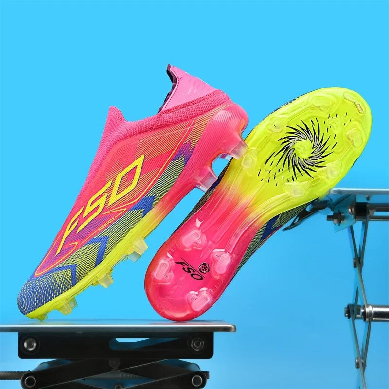Bright pink high top soccer cleats with neon yellow soles, featuring a dynamic design pattern — view 10 — view 5