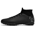 Black soccer cleats with textured surface and high ankle collar, side view