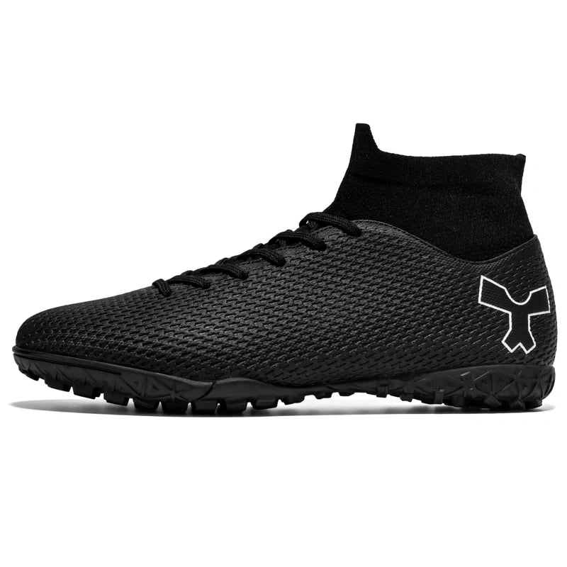 Black soccer cleats with textured surface and high ankle collar, side view