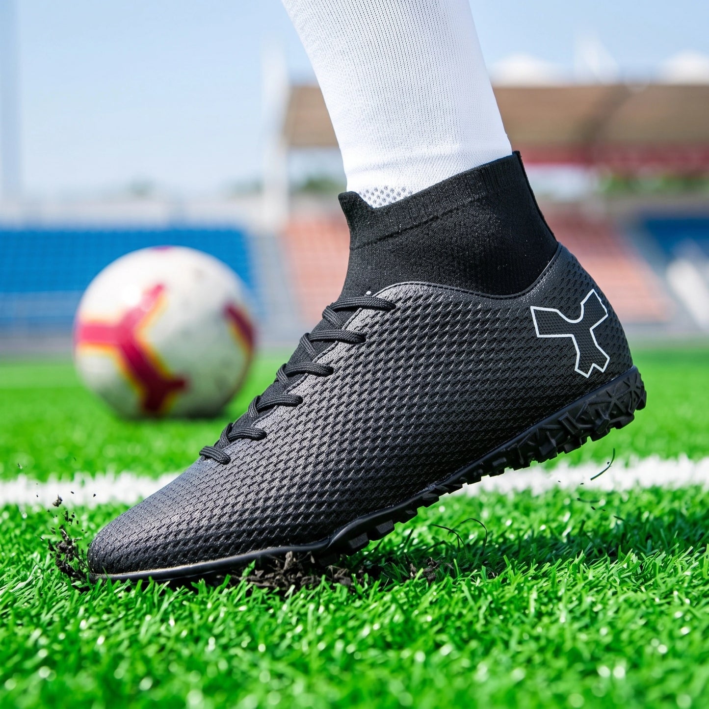 Close up view of the high performance soccer cleats showing durable Pu upper, detailed stitching, and breathable — view 15