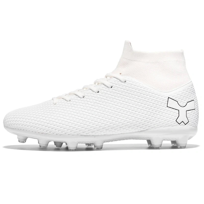 White soccer cleats with textured surface and high ankle collar, side view — 7 — view 6