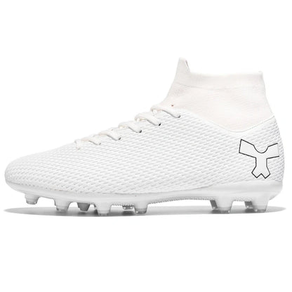 White soccer cleats with textured surface and high ankle collar, side view — 7 — view 6