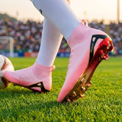 A model showcases lightweight breathable soccer cleats in colorful, paired with athletic shorts and fitted jersey against