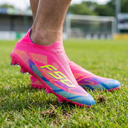 A model showcases lightweight breathable soccer cleats in colorful, paired with athletic shorts and fitted jersey against