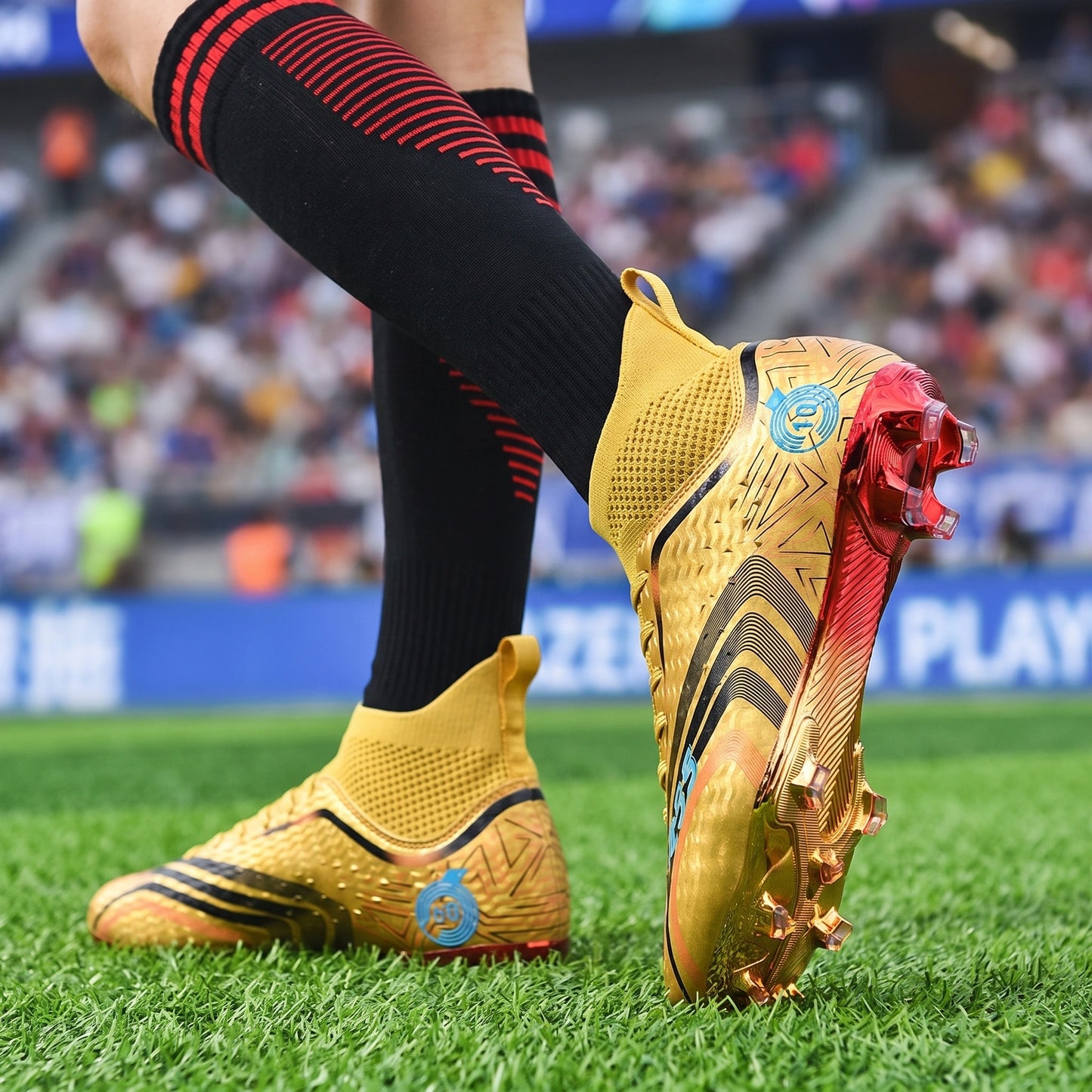 Close up view of the lightweight breathable soccer cleats showing detailed stitching and durable fabric, emphasizing — view 3