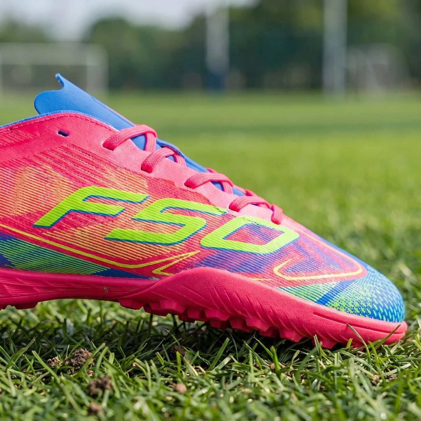 Close up of the lightweight breathable soccer cleats showing intricate stitching and textured polyester blend in a — view 3
