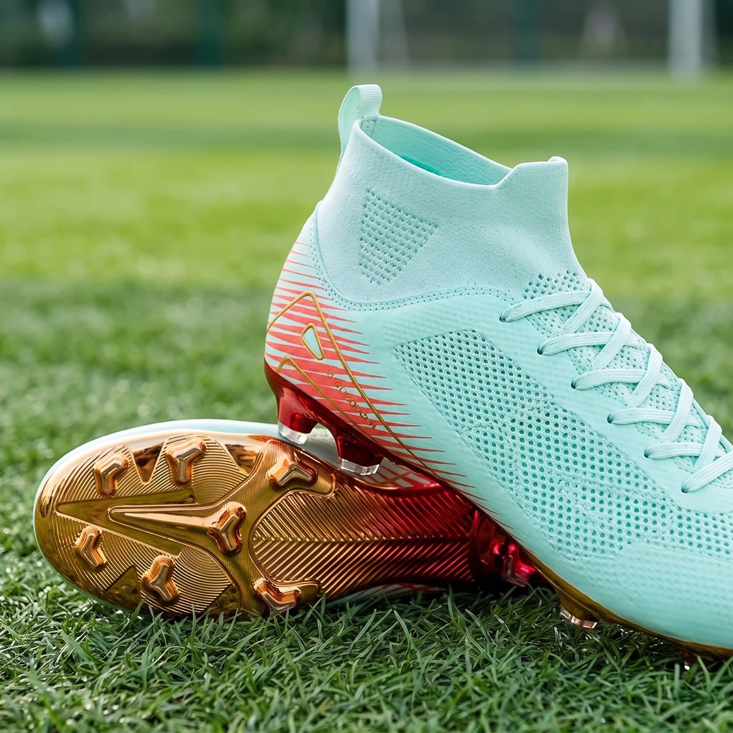 Close up view showing the lightweight, breathable fabric and precise stitching of men's soccer cleats, their — view 5