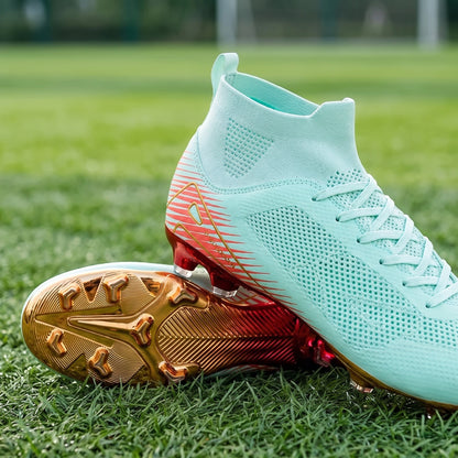 Close up view showing the lightweight, breathable fabric and precise stitching of men's soccer cleats, their — view 5