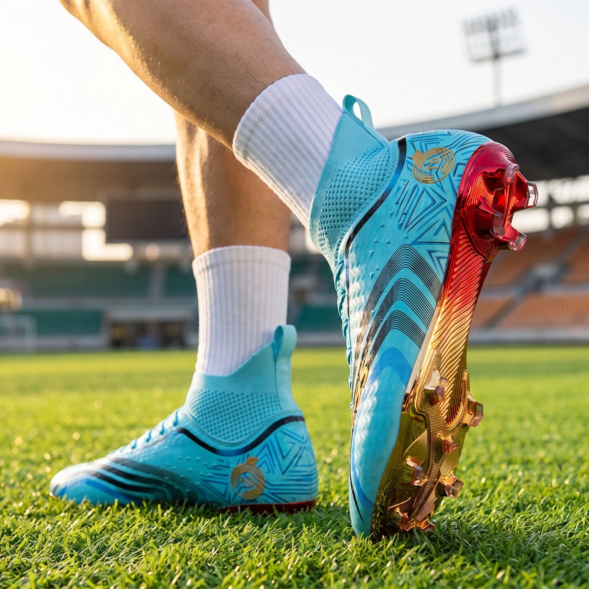 Close up view of the lightweight breathable soccer cleats showing durable fabric, intricate stitching, and textured — view 7