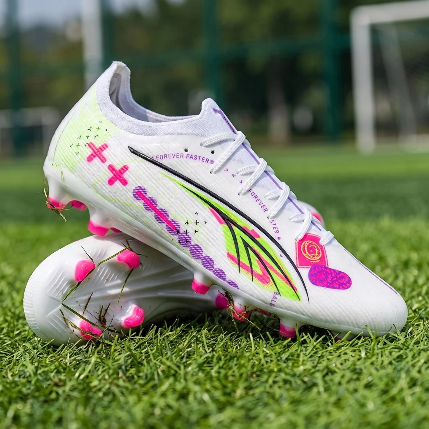 Close up view of the lightweight breathable soccer cleats showing intricate stitching and textured fabric in — view 8