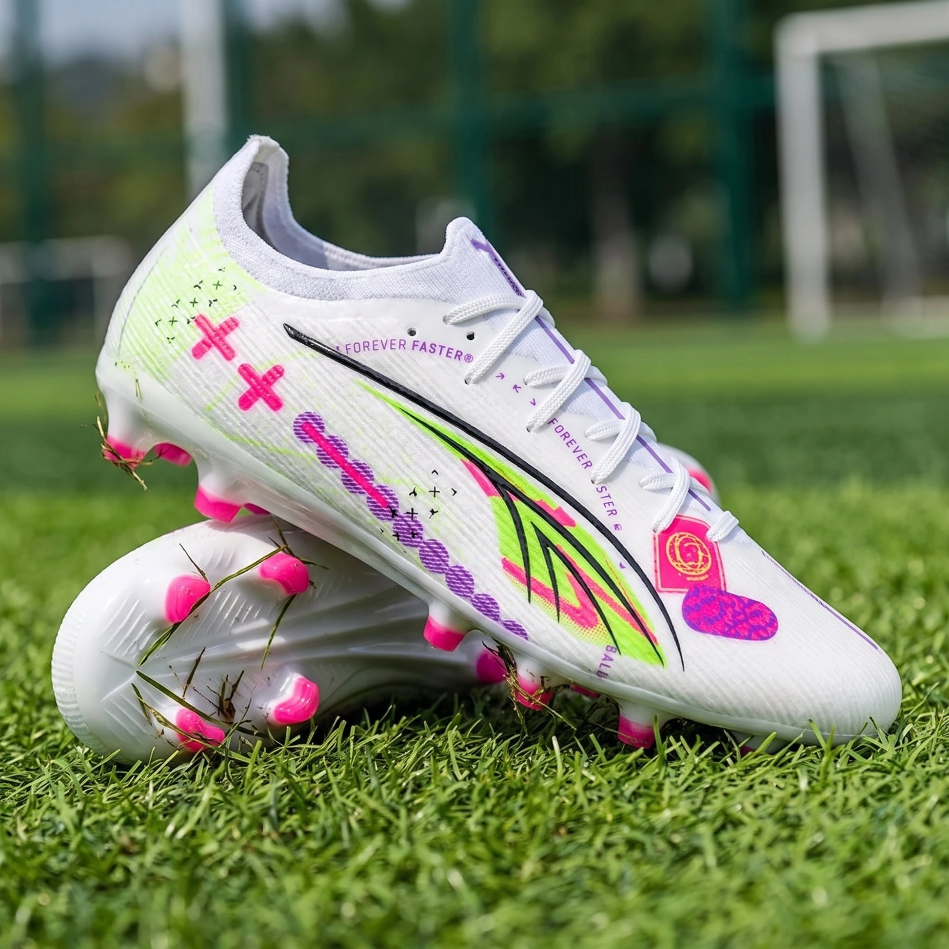 Close up view of the lightweight breathable soccer cleats showing intricate stitching and textured fabric in — view 8