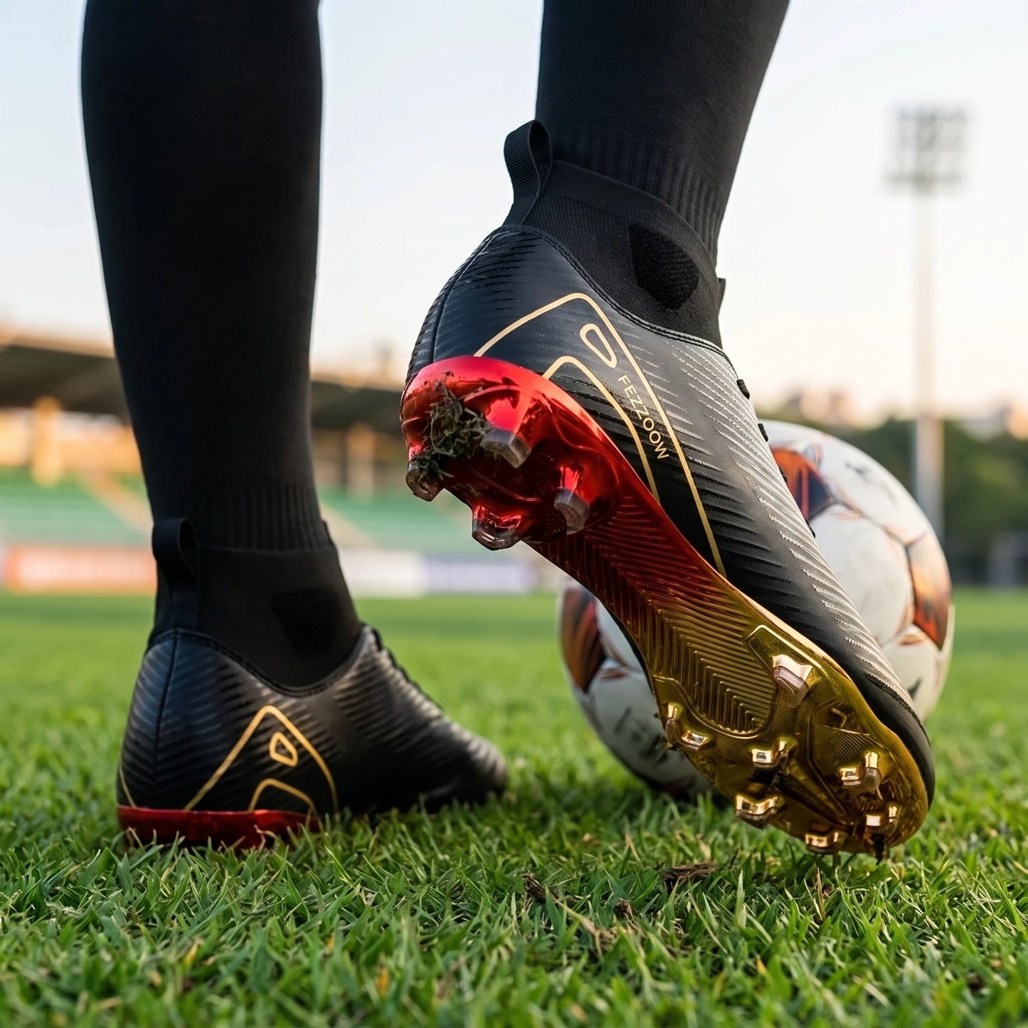 Close up view of the lightweight breathable soccer cleats showing intricate stitching and durable fabric designed — view 9