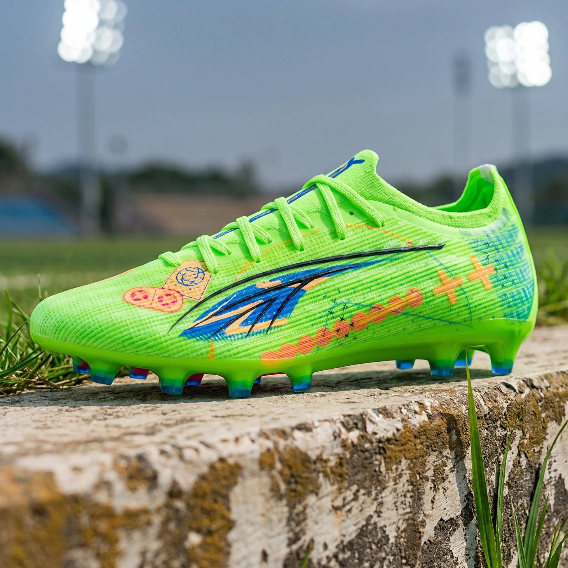 Close up view of the lightweight breathable soccer cleats showing intricate stitching and high quality polyester — view 9