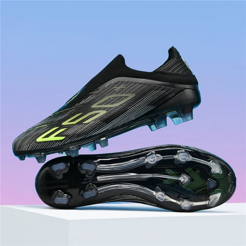 Black high top soccer cleats with neon accents and non slip sole, displayed against a gradient background — view 10 — view 11