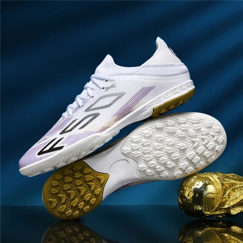 White high top soccer cleats with textured sole and non slip design, side view — 13 — view 14