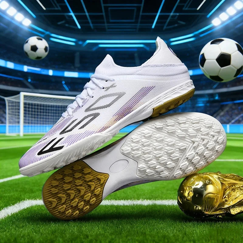 White high top soccer cleats with non slip soles on a field — view 3 — view 4