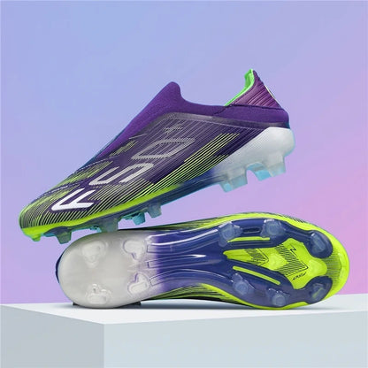High top soccer cleats in purple and neon green with non slip soles, displayed on a platform — view 4 — view 5
