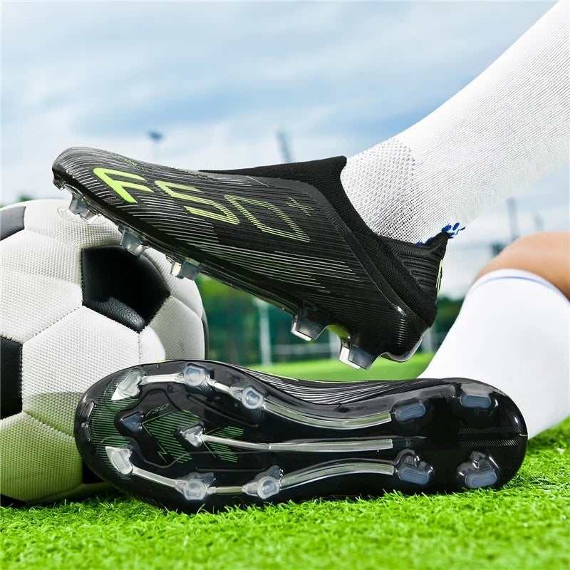 Black high top soccer cleats with non slip sole, shown on grass field ball — view 5 — view 6