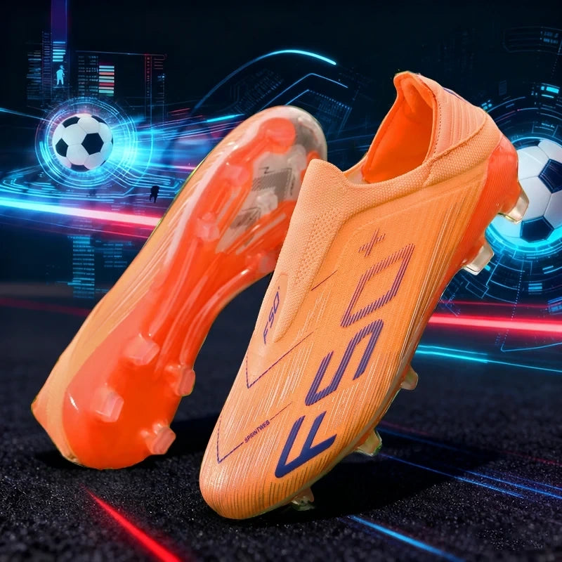 Orange high top soccer cleats with non slip soles on a futuristic background — view 6 — view 7
