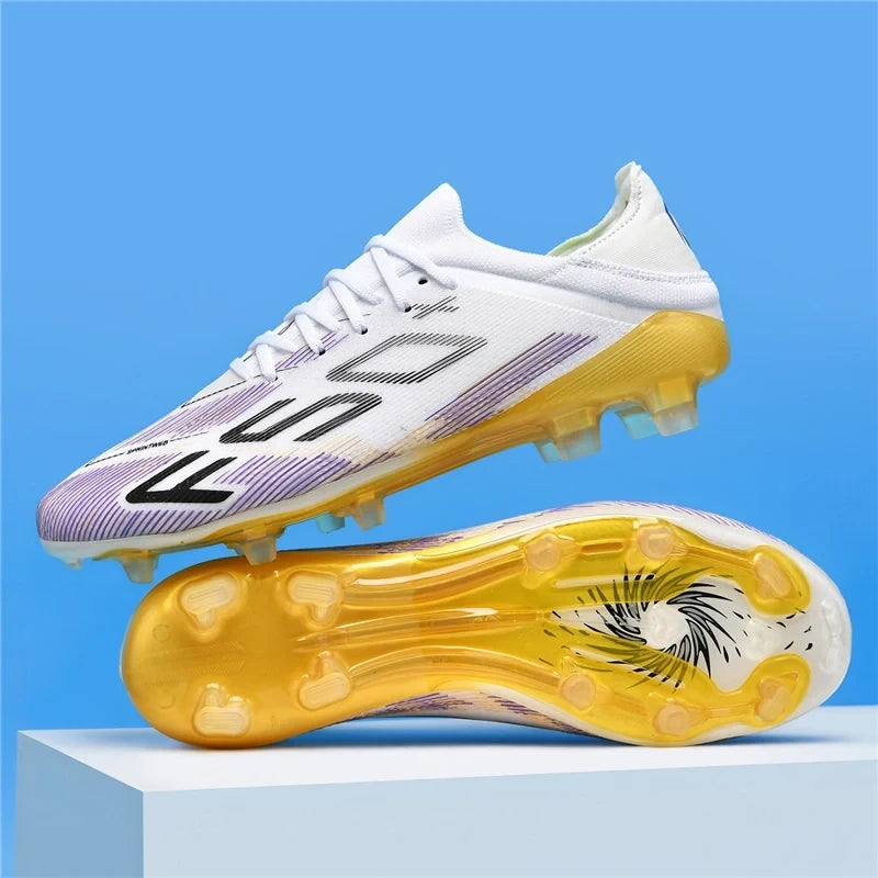 White high top soccer cleats with non slip soles and purple accents, displayed against a blue background — view 8 — view 9