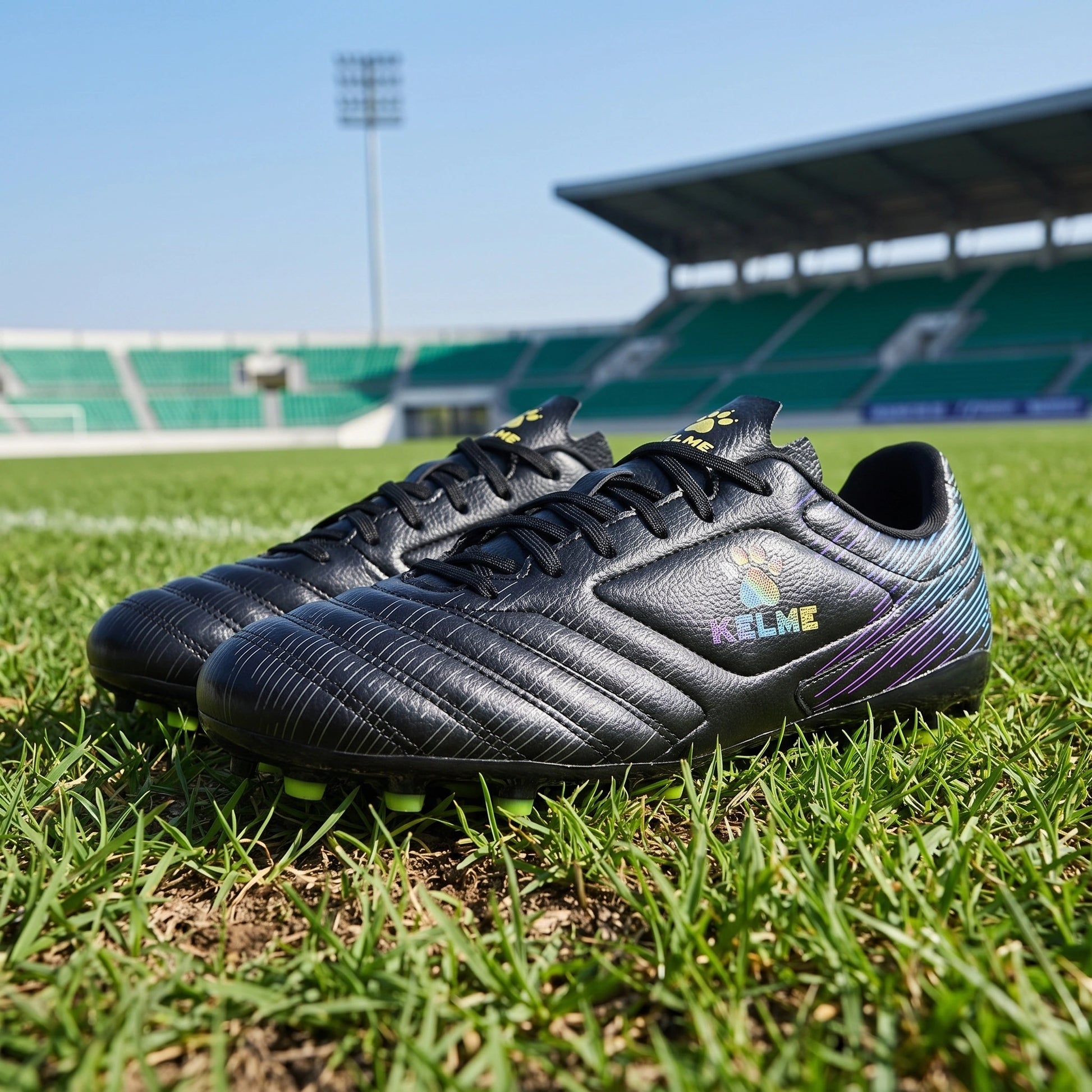 Close up view of the professional short nail soccer cleats showing durable polyester material, intricate stitching — view 5