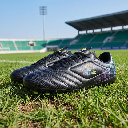 Close up view of the professional short nail soccer cleats showing durable polyester material, intricate stitching — view 5
