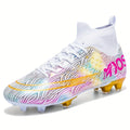 Colorful soccer cleats with a dynamic pattern and supportive design, angled view