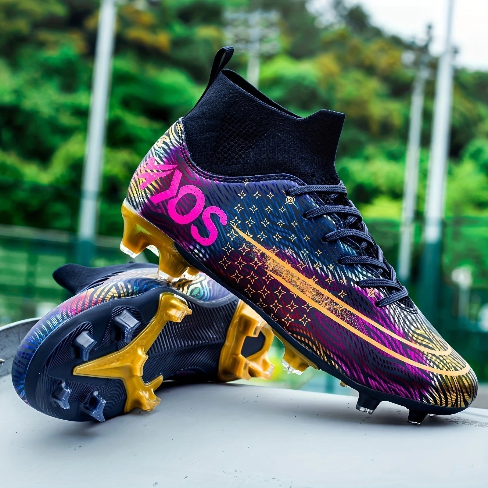 Colorful soccer cleats with dynamic patterns and supportive design, displayed outdoors — view 10 — view 10