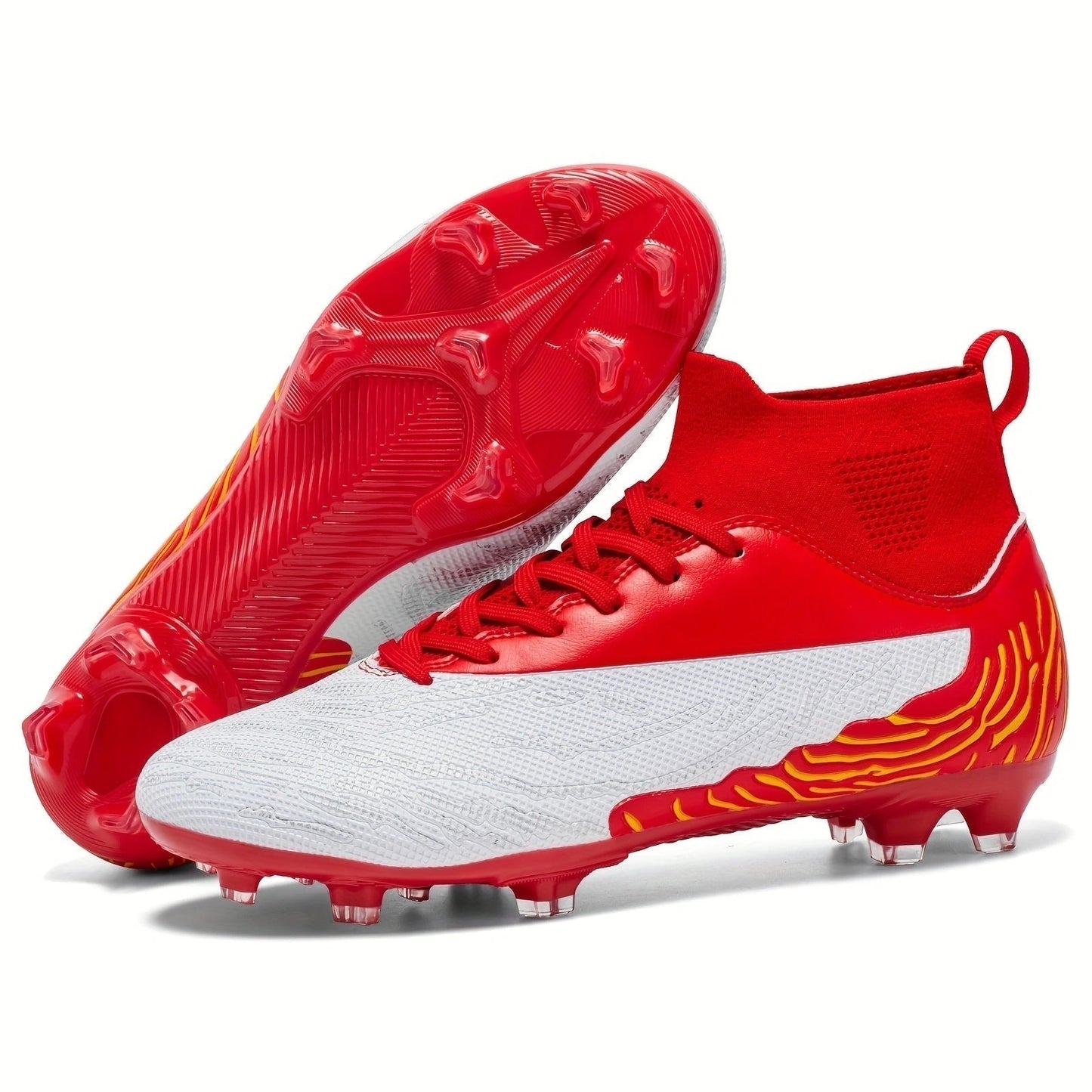 Red and white soccer cleats with textured sole ankle support, side view — 13 — view 13
