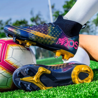 Colorful soccer cleats with dynamic patterns on grass field, close up view — 2 — view 2