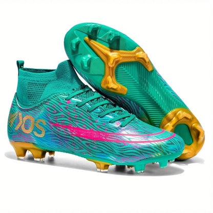 Green and pink soccer cleats with gold accents, featuring a lightweight design — view 3 — view 3