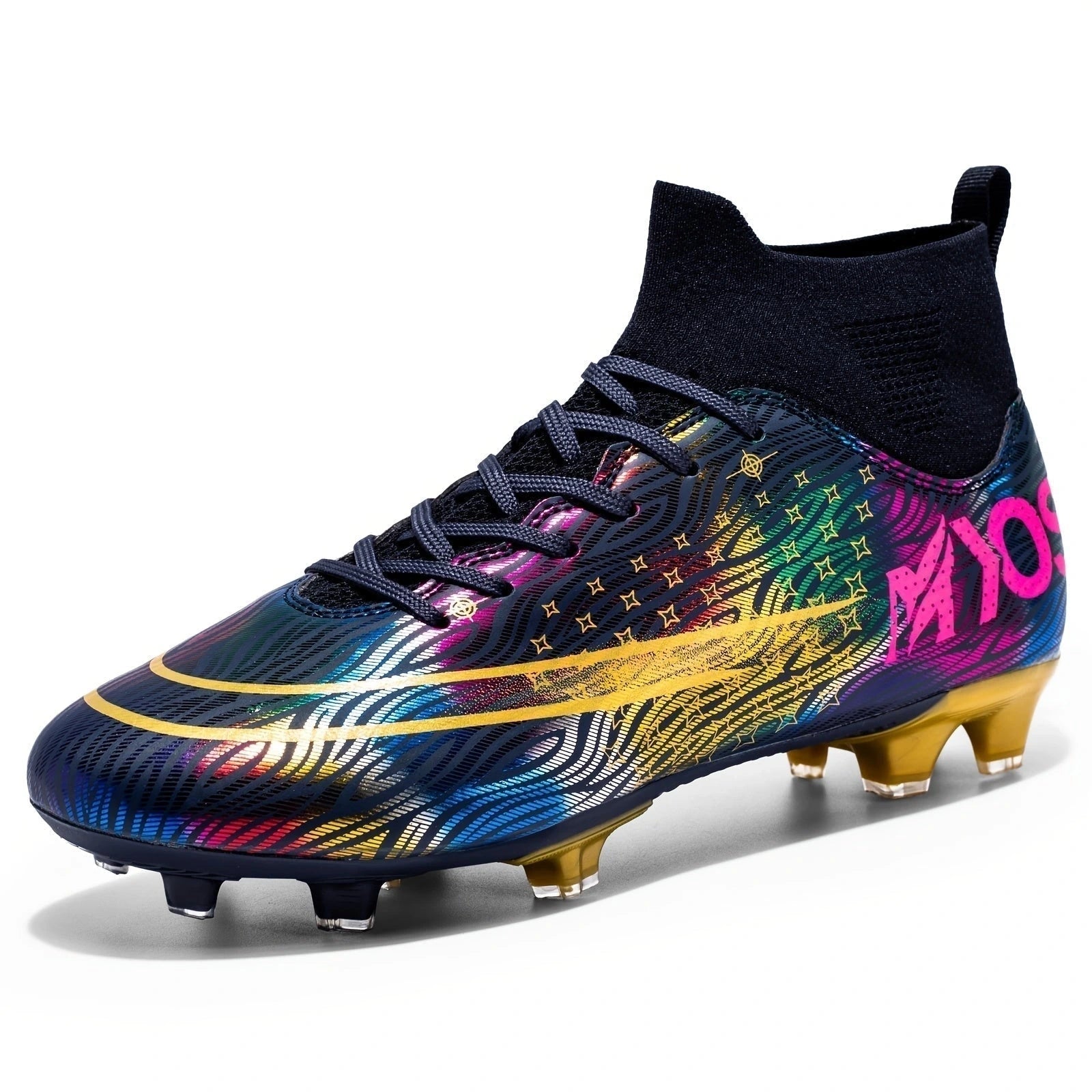 Colorful soccer cleats with a high ankle collar and multi patterned design, side view — 4 — view 4