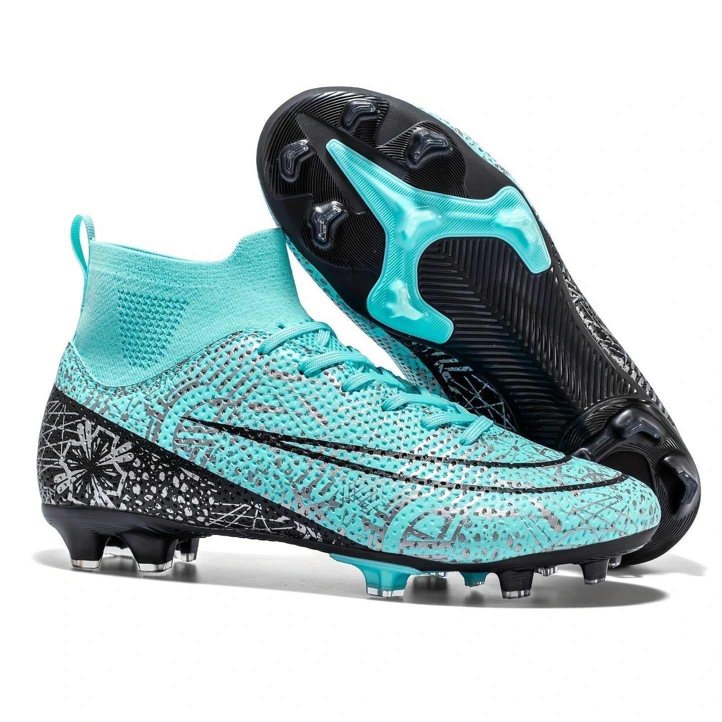 Lightweight soccer cleats with turquoise and black pattern, showcasing studs textured surface — view 6 — view 6