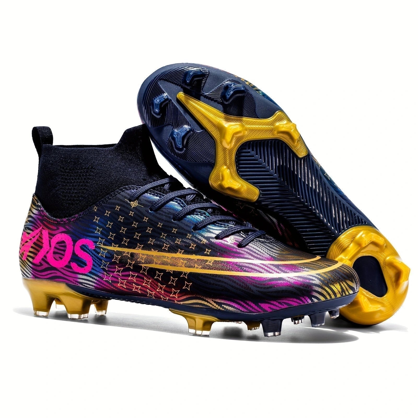 Colorful soccer cleats with vibrant patterns and gold accents, showcasing a lightweight design — view 9 — view 9