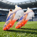 A model showcases textured soccer cleats in full front view, paired with athletic wear colorful against neutral background.