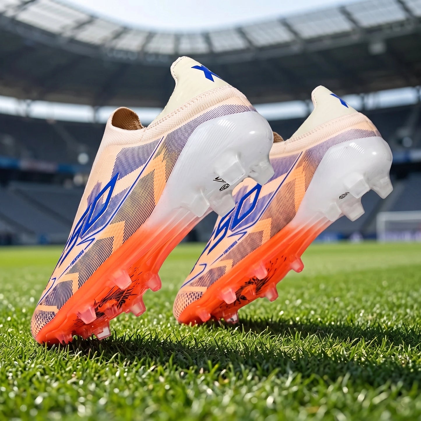 A model showcases textured soccer cleats in full front view, paired with athletic wear colorful against neutral background.