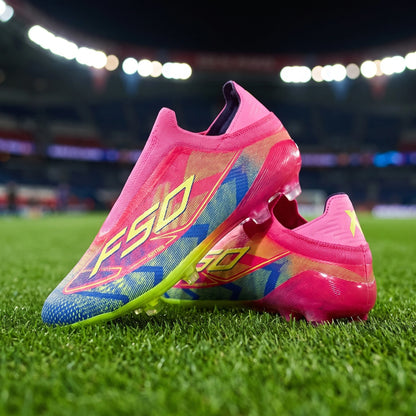 Close up view showing the textured Pu upper and precise stitching of unisex soccer cleats, their quality design — view 3