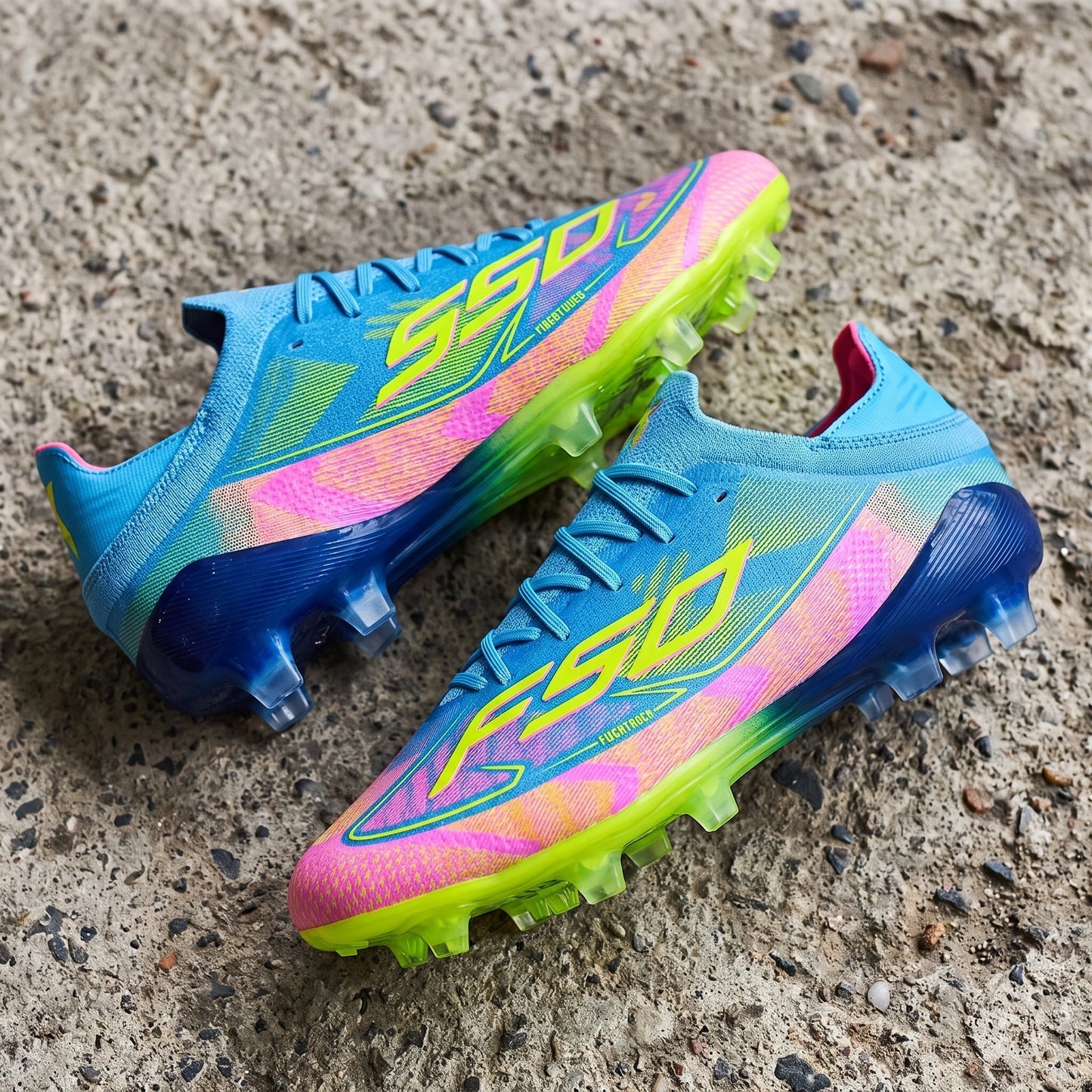Close up view of the textured Pu upper unisex soccer cleats, showing intricate stitching and high friction TPU studs — view 4