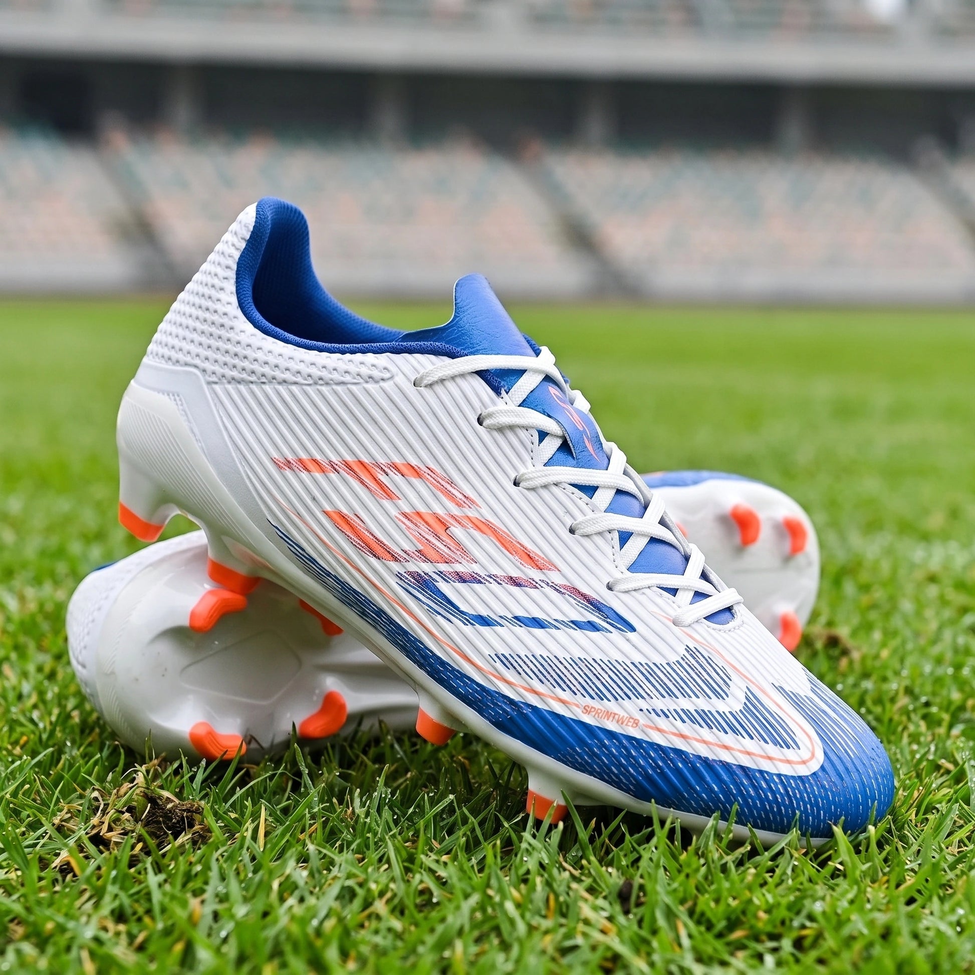 Close up view of the textured Pu upper unisex soccer cleats, showing intricate stitching and high friction TPU studs — view 7