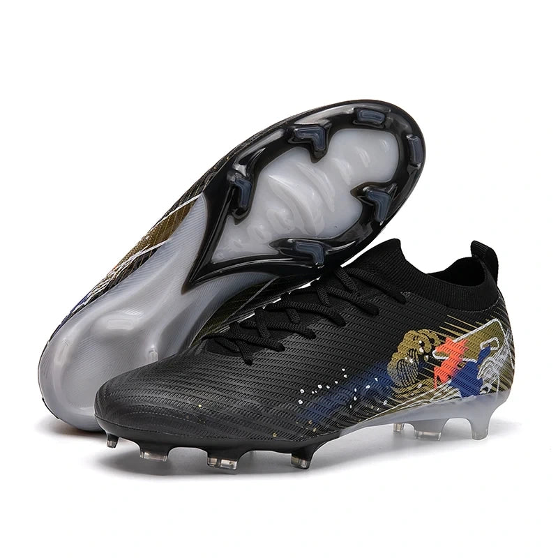 Black ultralight soccer cleats with non slip studs and colorful accents, angled view — 8