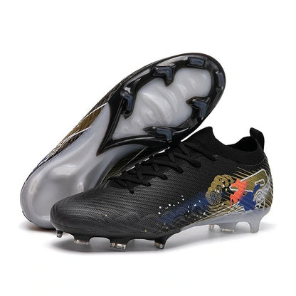 Black ultralight soccer cleats with non slip studs and colorful accents, angled view — 8